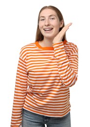 Photo of Smiling girl with braces on white background