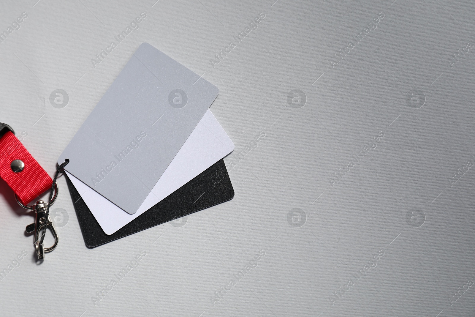 Photo of White balance calibration cards on light background, top view. Space for text