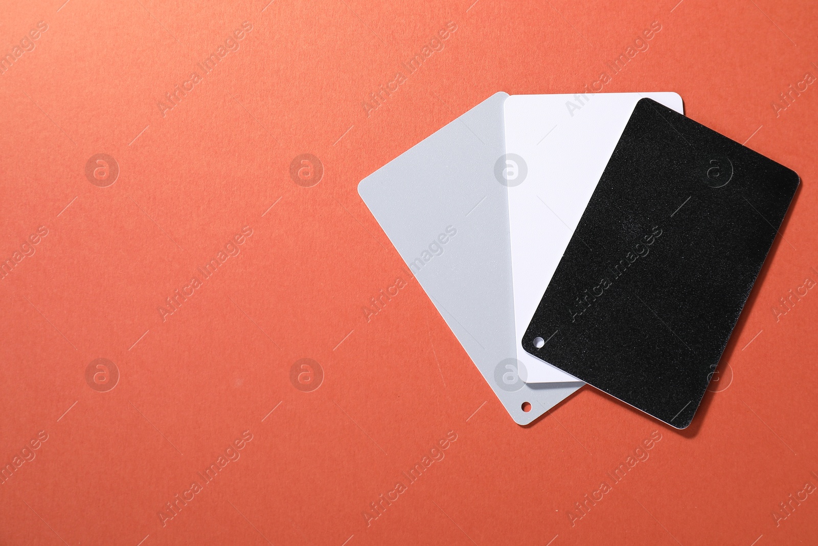 Photo of White balance calibration cards on red background, top view. Space for text