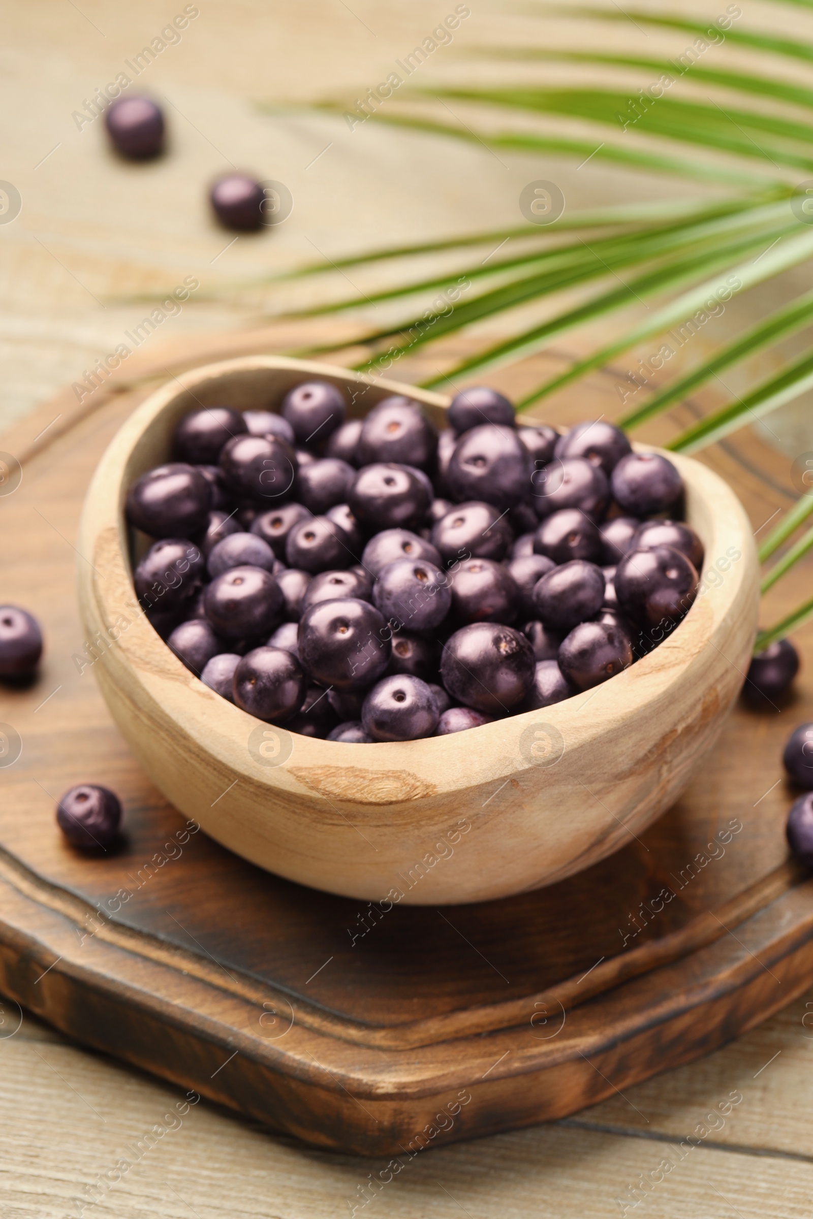 Photo of Ripe acai berries in bowl and palm leaves on wooden table, closeup