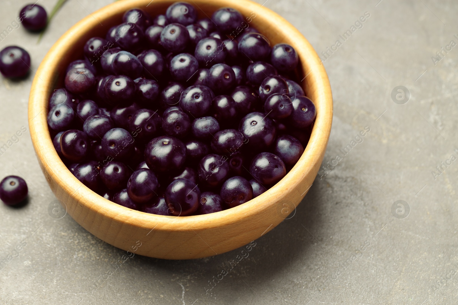 Photo of Ripe acai berries in bowl on grey textured table, closeup