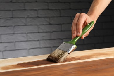 Photo of Woman with brush applying walnut wood stain onto wooden surface, closeup