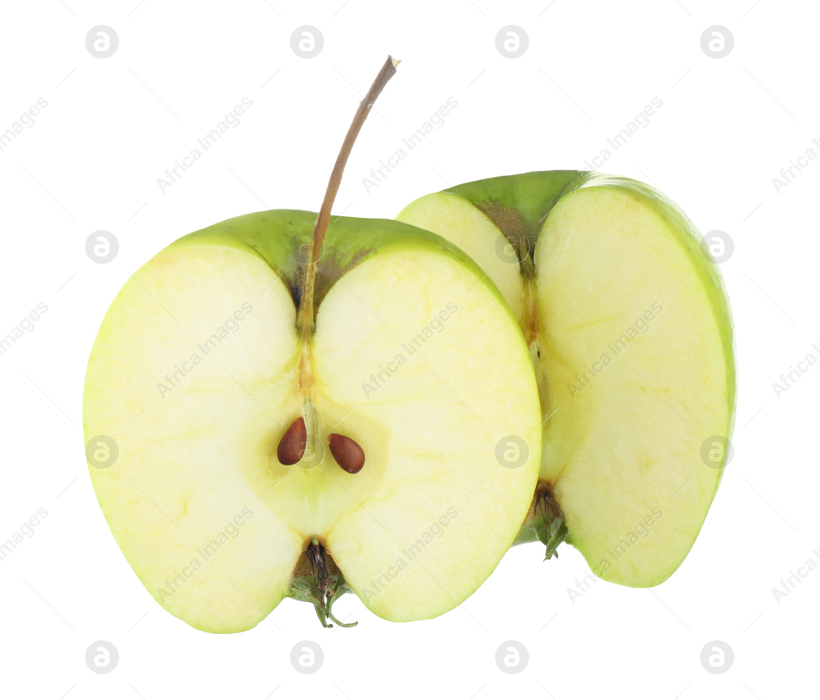 Photo of Halves of fresh green apple isolated on white