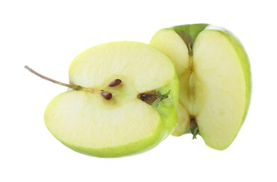 Halves of fresh green apple isolated on white