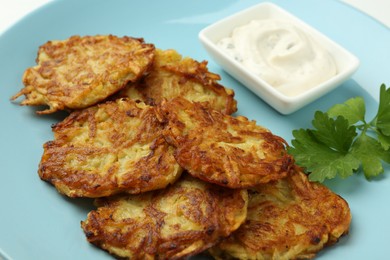 Photo of Delicious potato pancakes, sour cream and parsley on plate, closeup