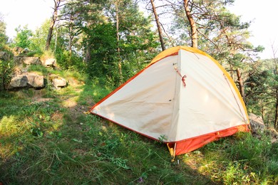 Photo of Modern camping tent in forest at summer. Fisheye lens effect