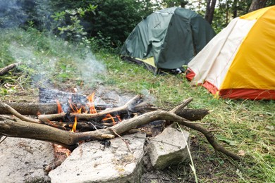 Beautiful bonfire and camping tents in forest