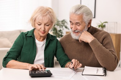 Photo of Pension savings. Senior couple planning budget at white table indoors