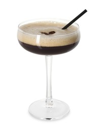 Photo of One glass of delicious espresso martini isolated on white