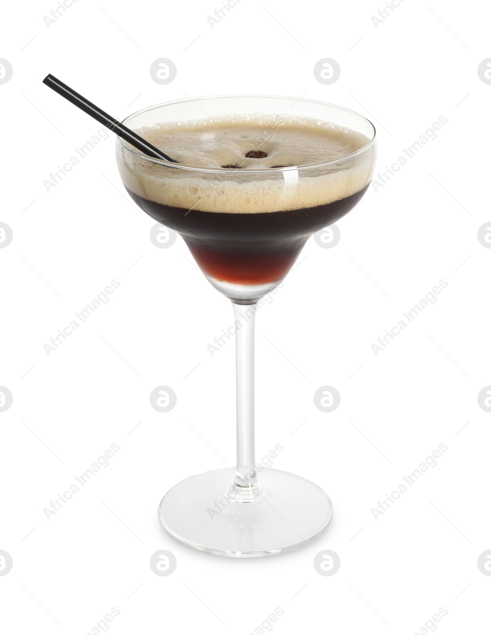 Photo of One glass of delicious espresso martini isolated on white