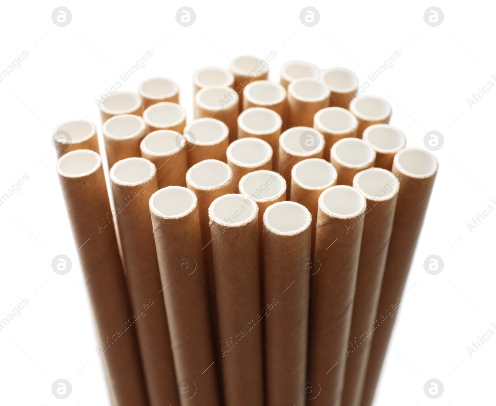 Photo of Many bamboo drinking straws isolated on white background