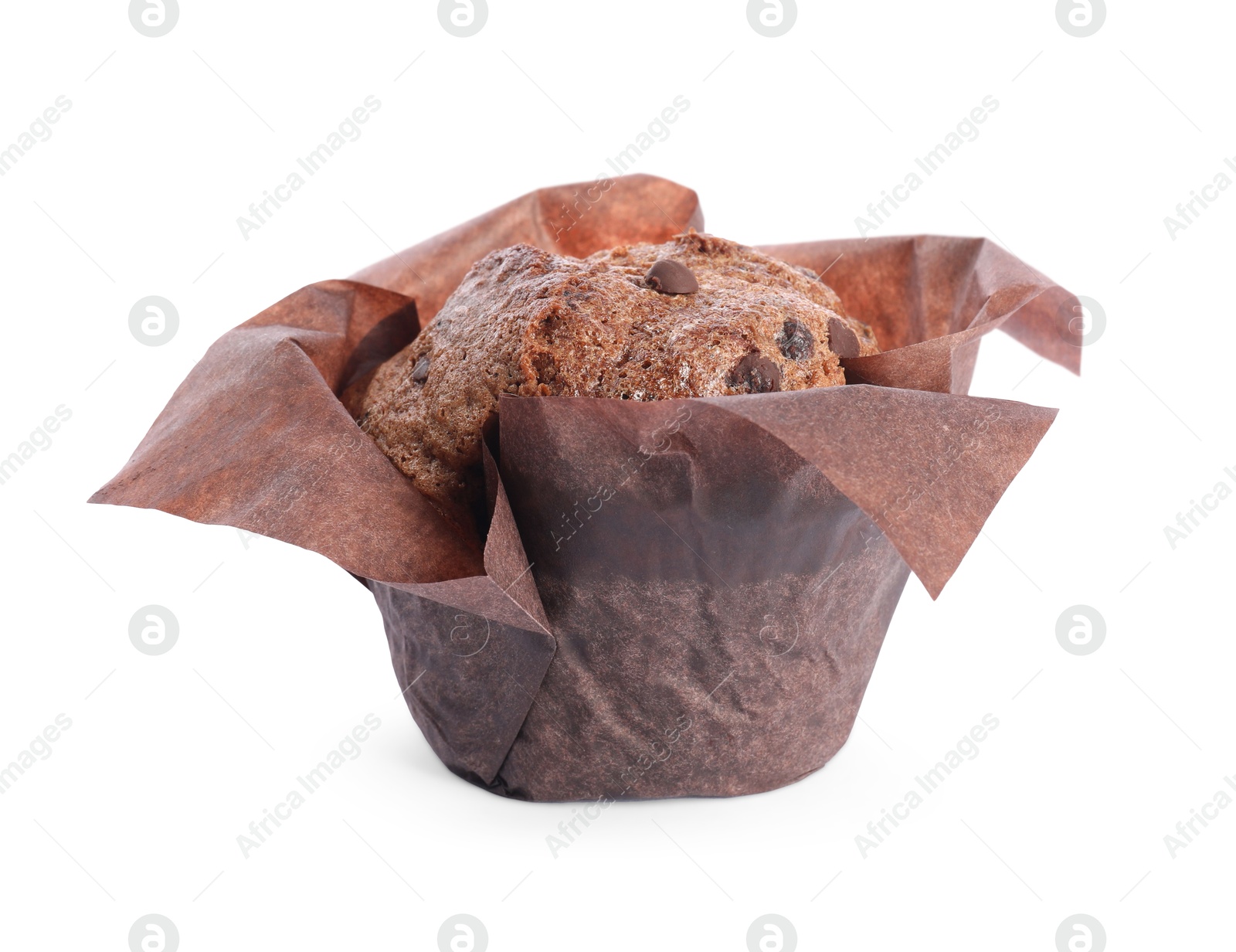 Photo of Delicious sweet muffin with chocolate chips isolated on white