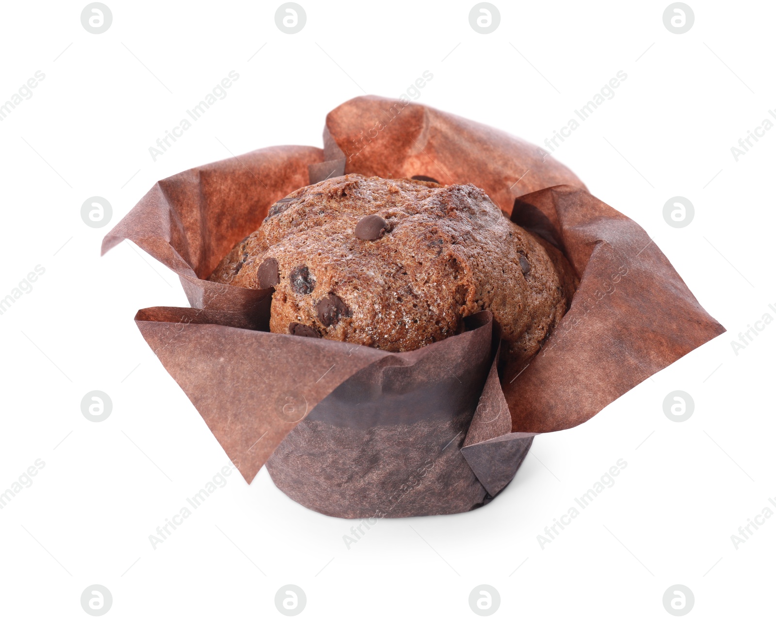 Photo of Delicious sweet muffin with chocolate chips isolated on white