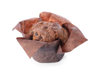 Photo of Delicious sweet muffin with chocolate chips isolated on white