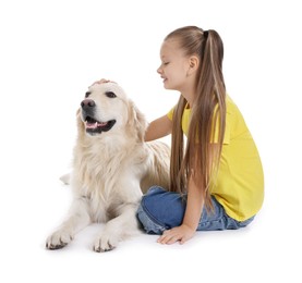 Girl with her cute Golden Retriever dog on white background