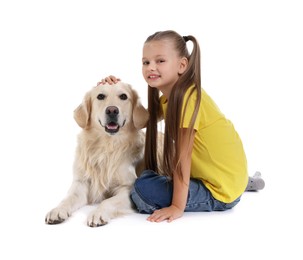 Girl with her cute Golden Retriever dog on white background