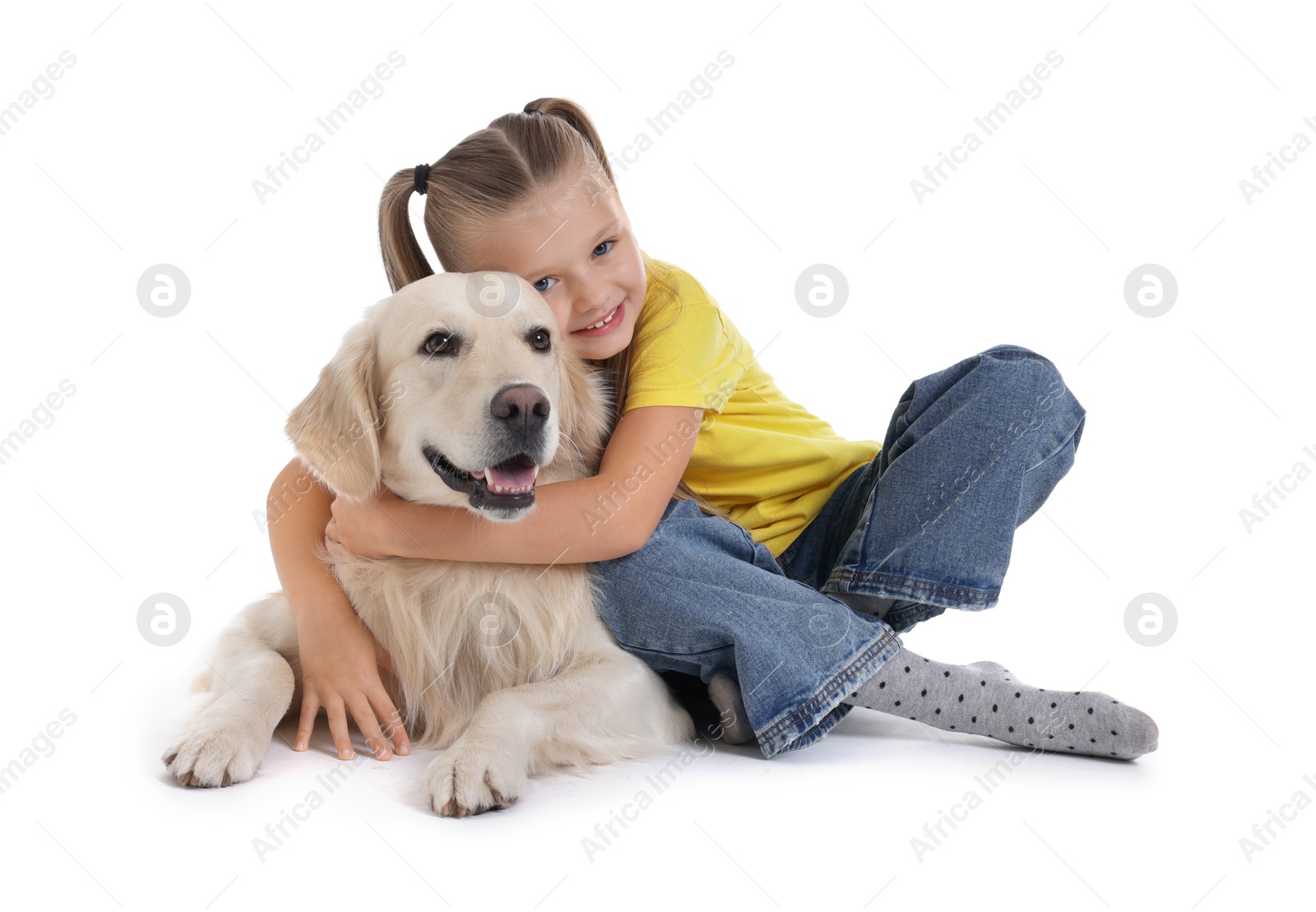 Photo of Girl with her cute Golden Retriever dog on white background