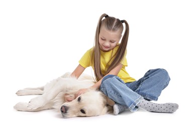 Photo of Girl with her cute Golden Retriever dog on white background