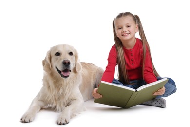 Photo of Girl with book and her cute Golden Retriever dog on white background