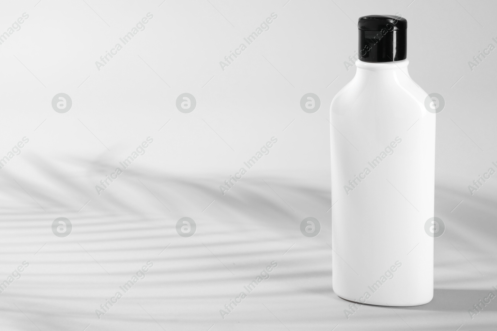 Photo of Bottle of shampoo on light background. Space for text