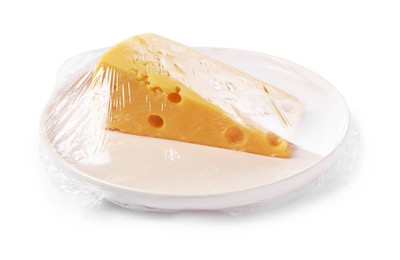 Plate of cheese with plastic food wrap isolated on white