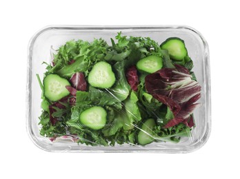 Photo of Glass container of fresh salad with plastic food wrap isolated on white, top view