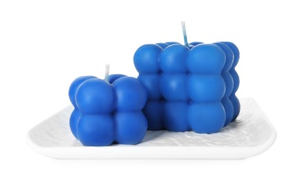 Photo of Two blue bubble candles isolated on white