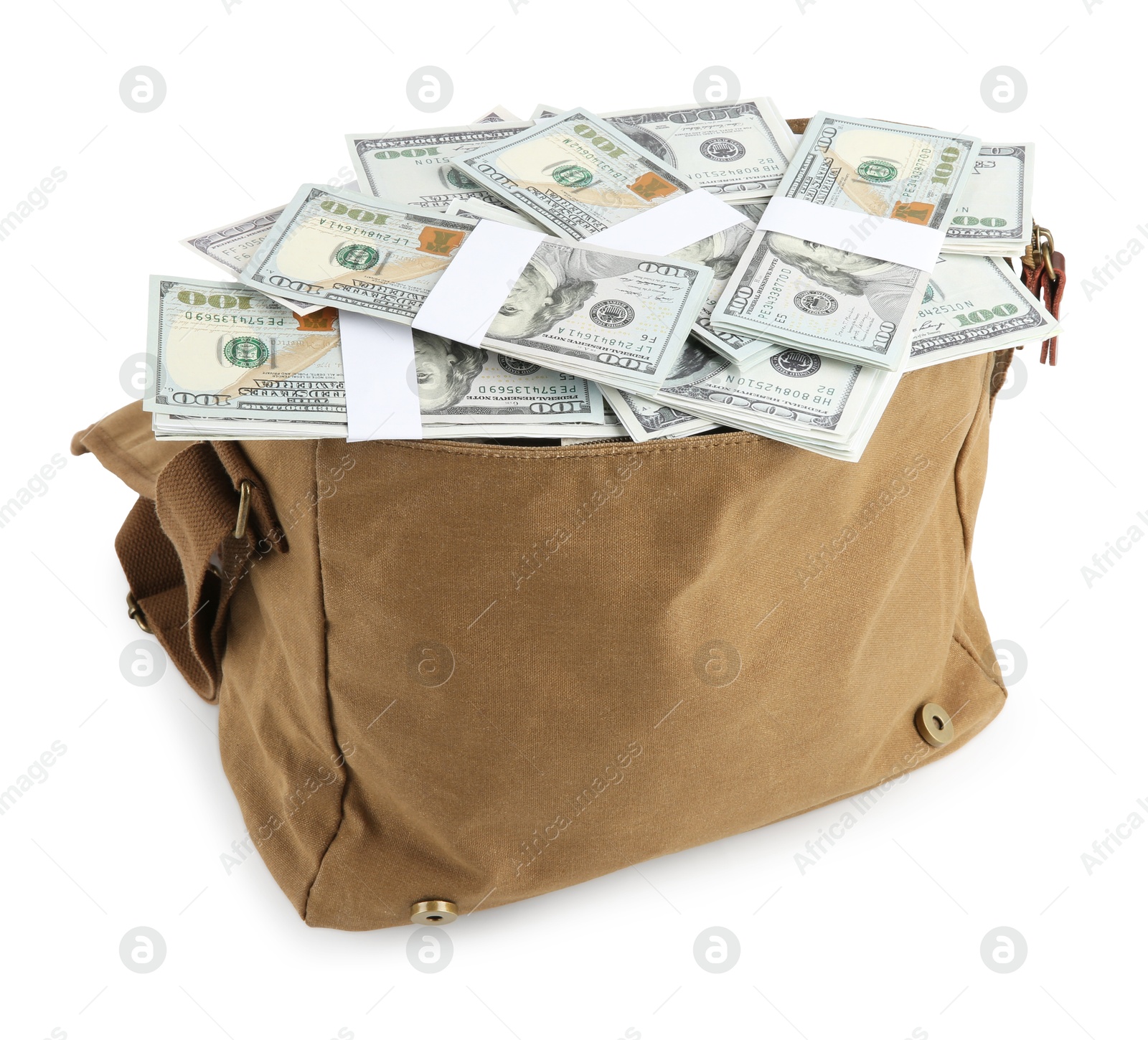 Photo of Dollar banknotes in bag isolated on white