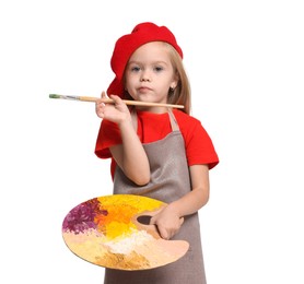 Photo of Little girl with brush and palette pretending to be artist on white background. Dreaming of future profession