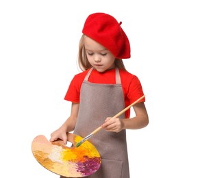 Photo of Little girl with brush and palette pretending to be artist on white background. Dreaming of future profession