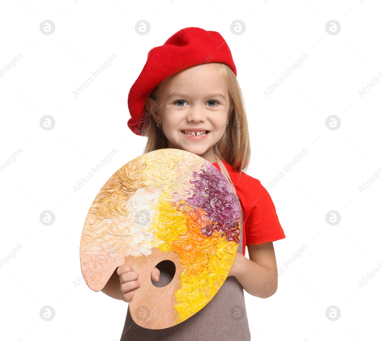 Photo of Little girl with palette pretending to be artist on white background. Dreaming of future profession