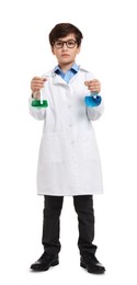 Photo of Boy with glassware pretending to be scientist on white background. Dreaming of future profession