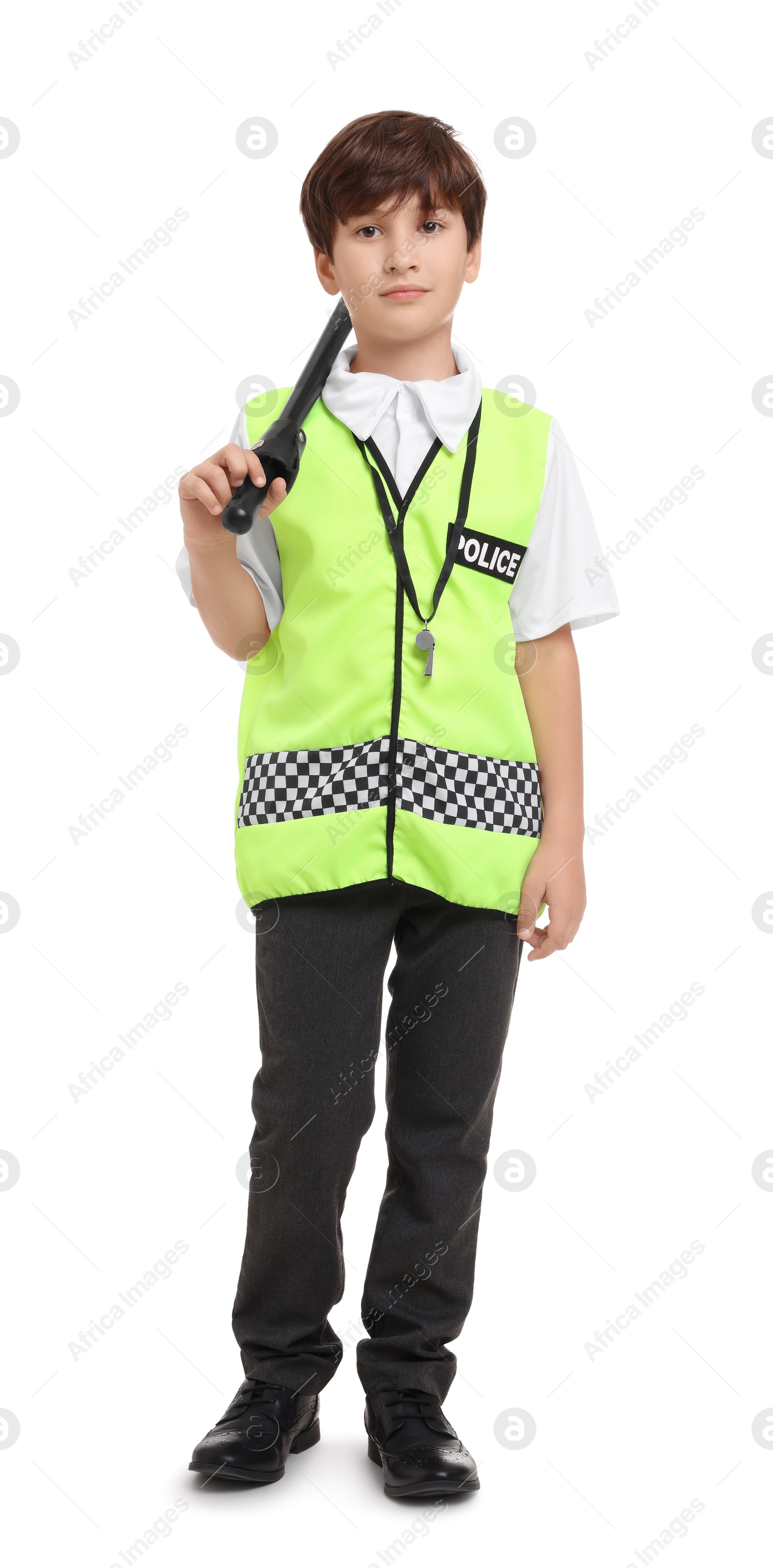 Photo of Boy pretending to be policeman on white background. Dreaming of future profession