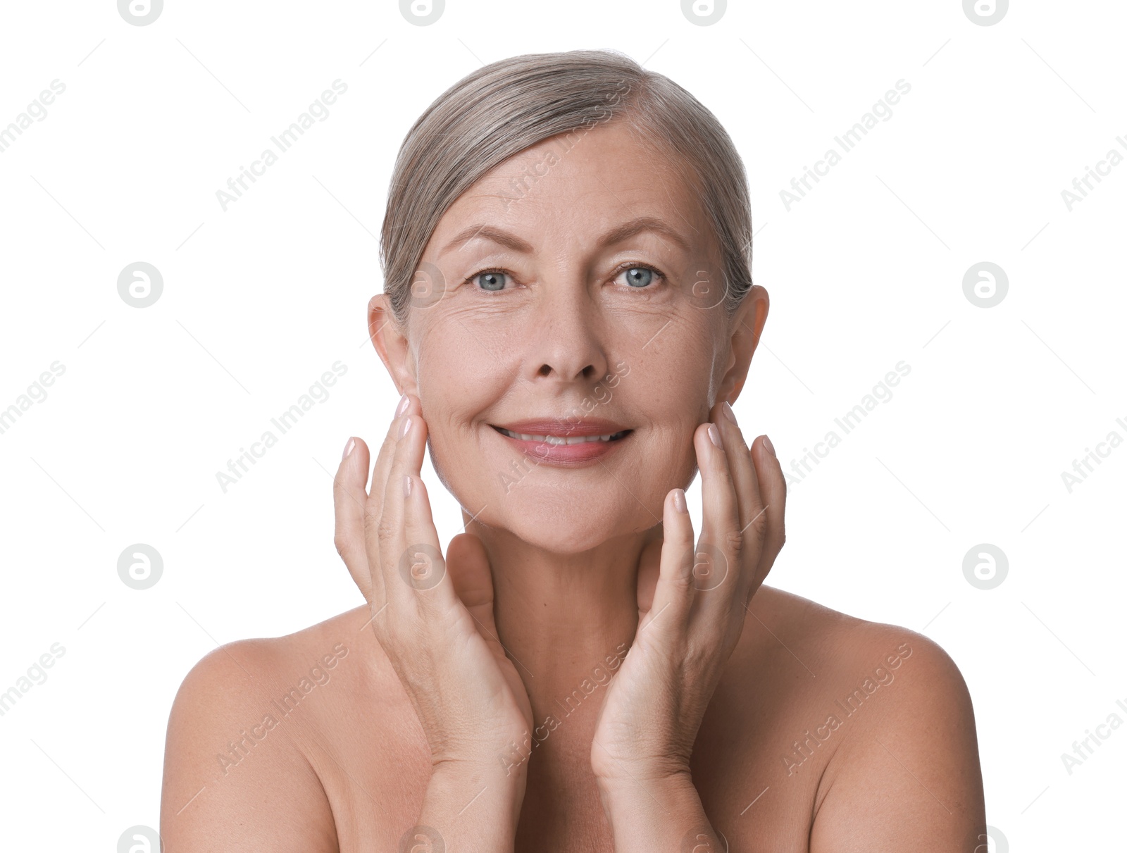 Photo of Face massage. Beautiful woman with healthy skin on white background