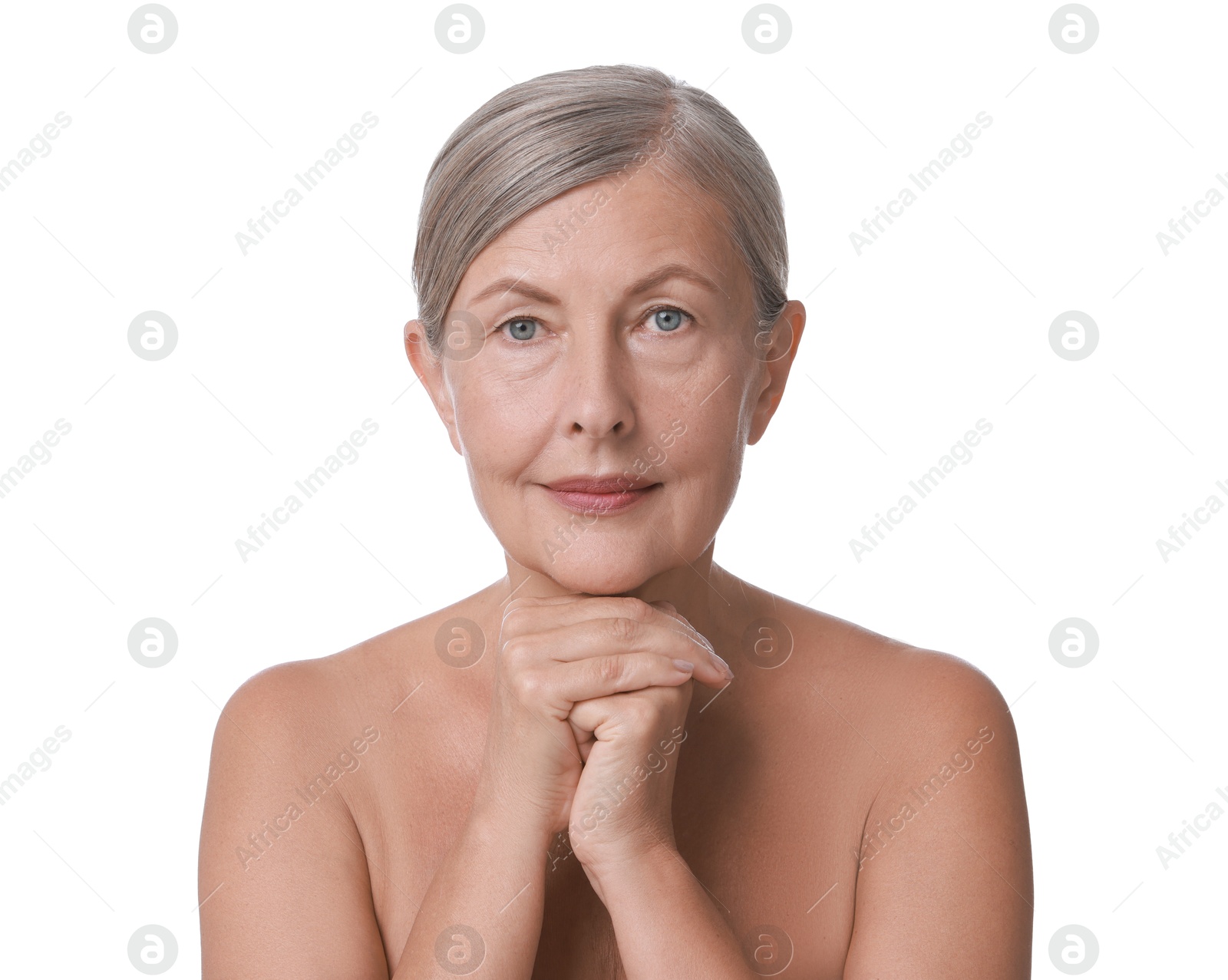 Photo of Face massage. Beautiful woman with healthy skin on white background