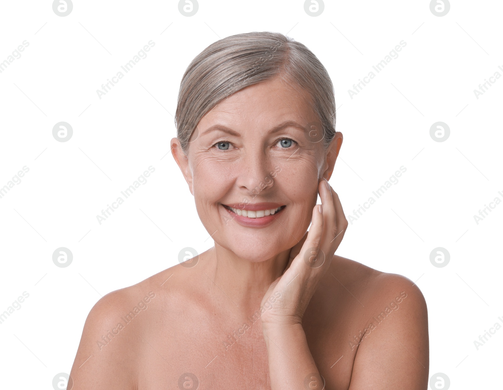 Photo of Face massage. Beautiful woman with healthy skin on white background