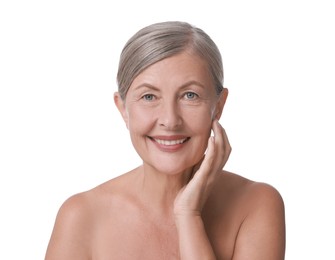 Face massage. Beautiful woman with healthy skin on white background