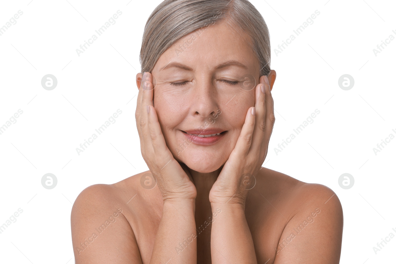 Photo of Face massage. Beautiful woman with healthy skin on white background