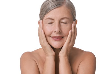 Photo of Face massage. Beautiful woman with healthy skin on white background