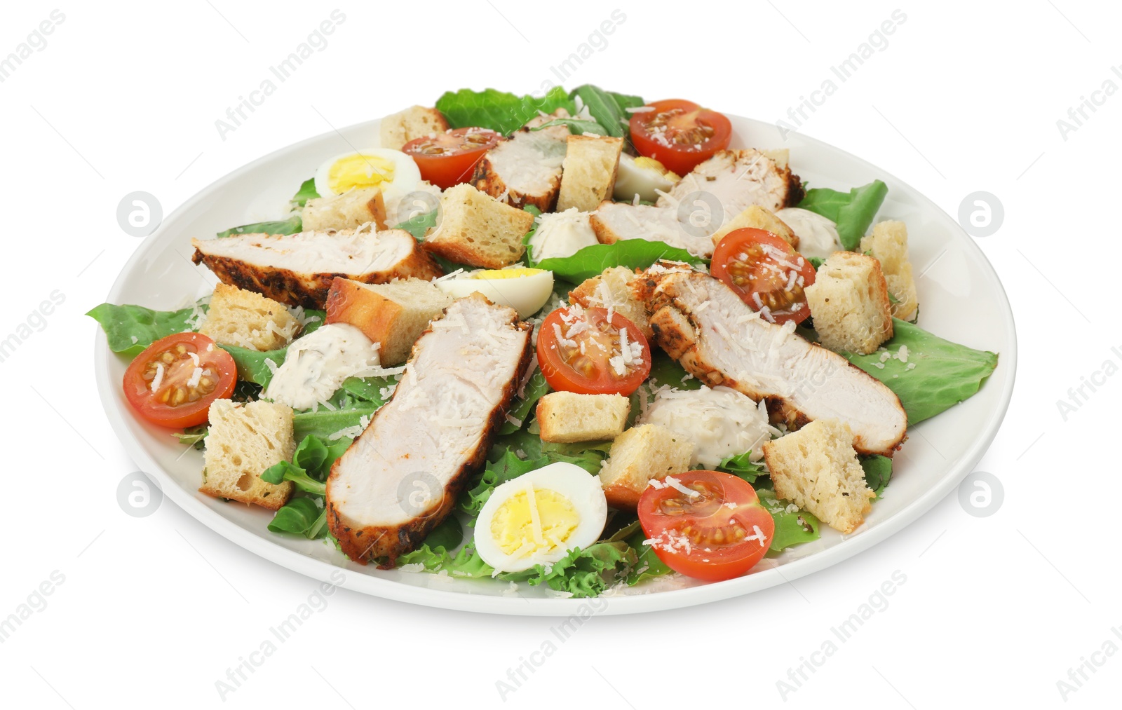 Photo of Tasty Caesar salad with chicken isolated on white