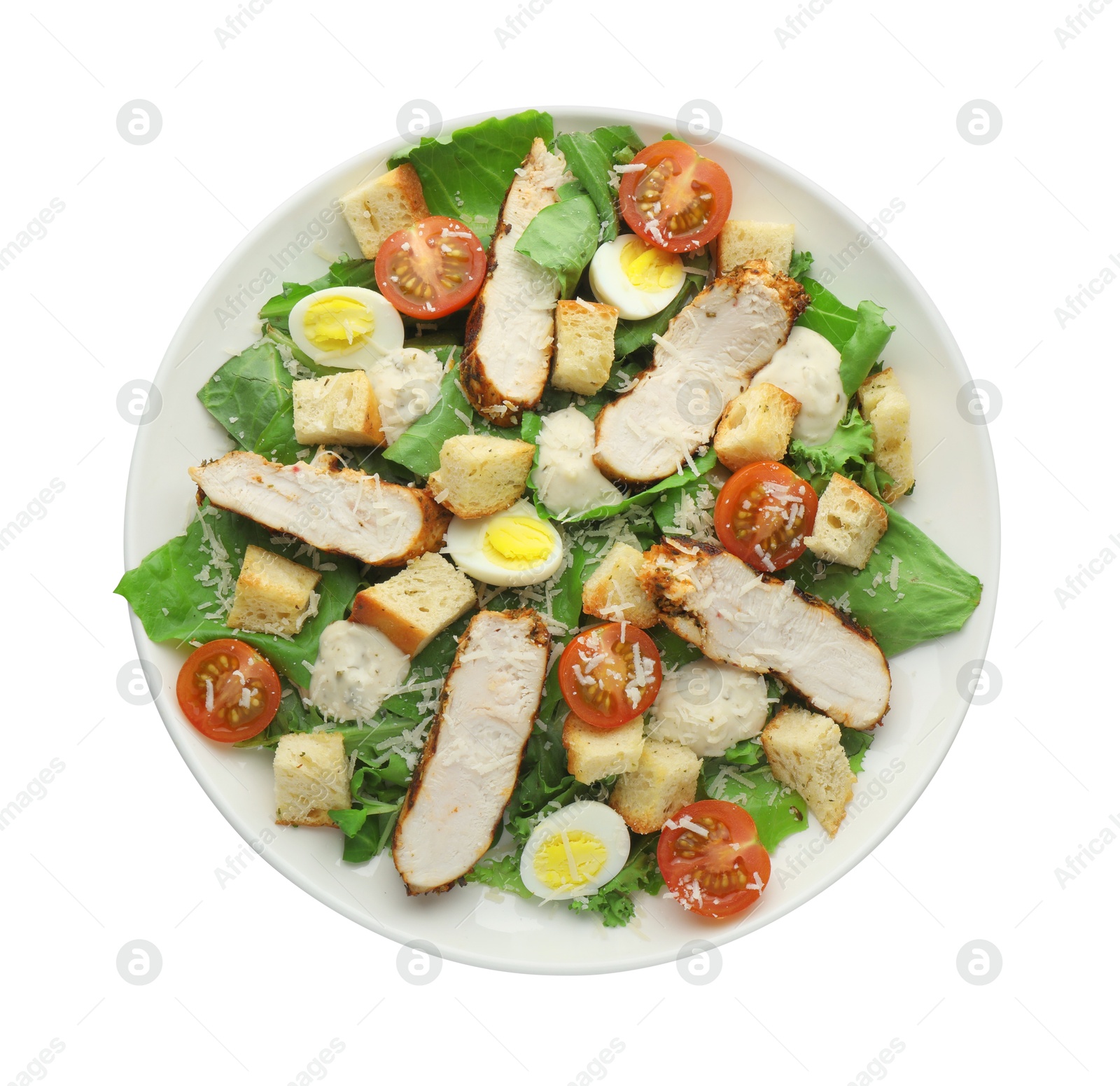 Photo of Tasty Caesar salad with chicken isolated on white