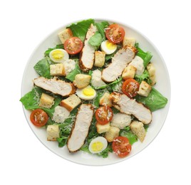 Photo of Tasty Caesar salad with chicken isolated on white