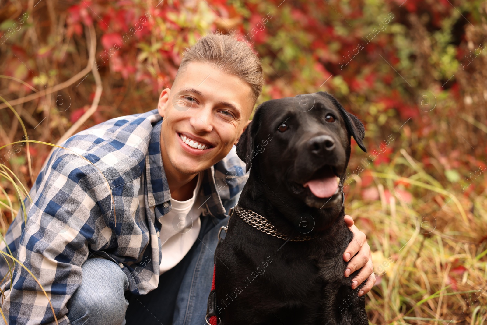 Photo of Smiling man with cute dog outdoors on autumn day