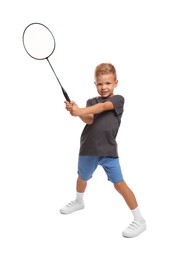 Little boy with badminton racket on white background