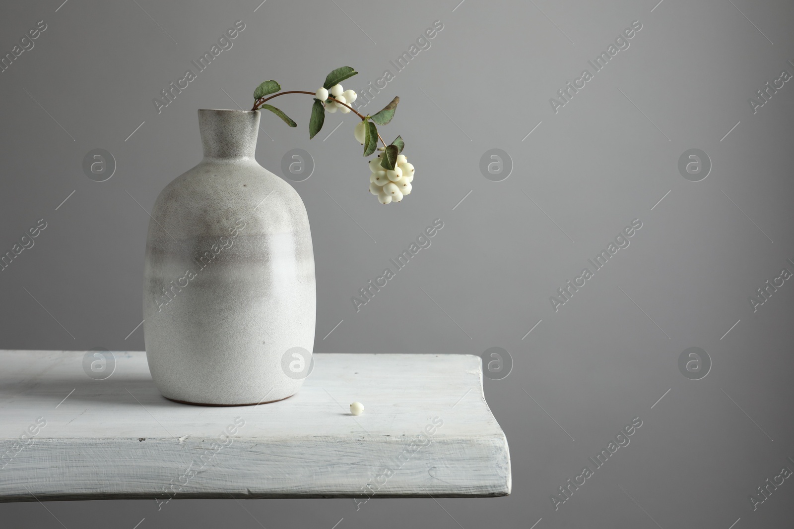 Photo of Stylish vase with snowberry branch on white table, space for text