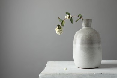 Stylish vase with snowberry branch on white table, space for text