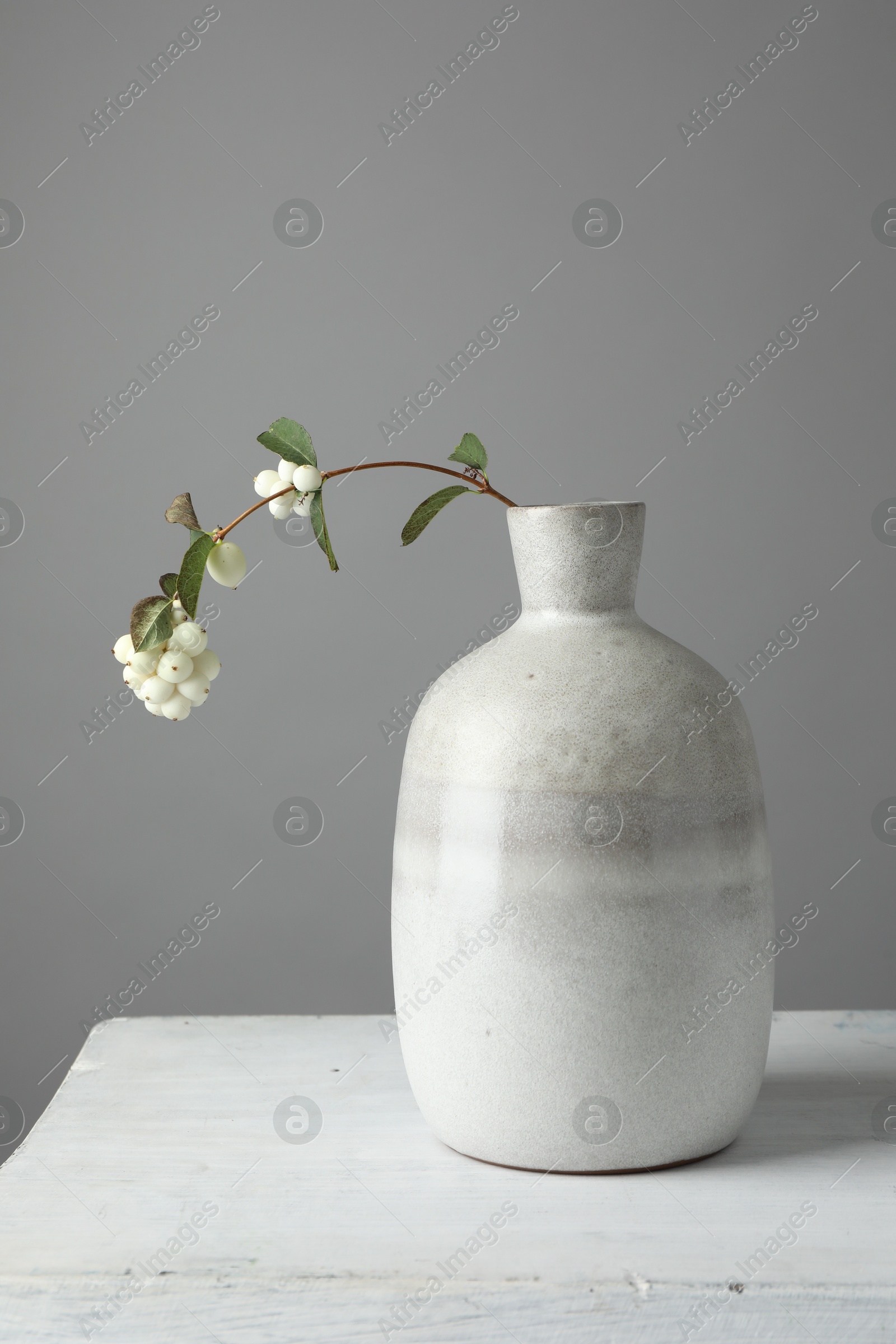 Photo of Stylish vase with snowberry branch on white table