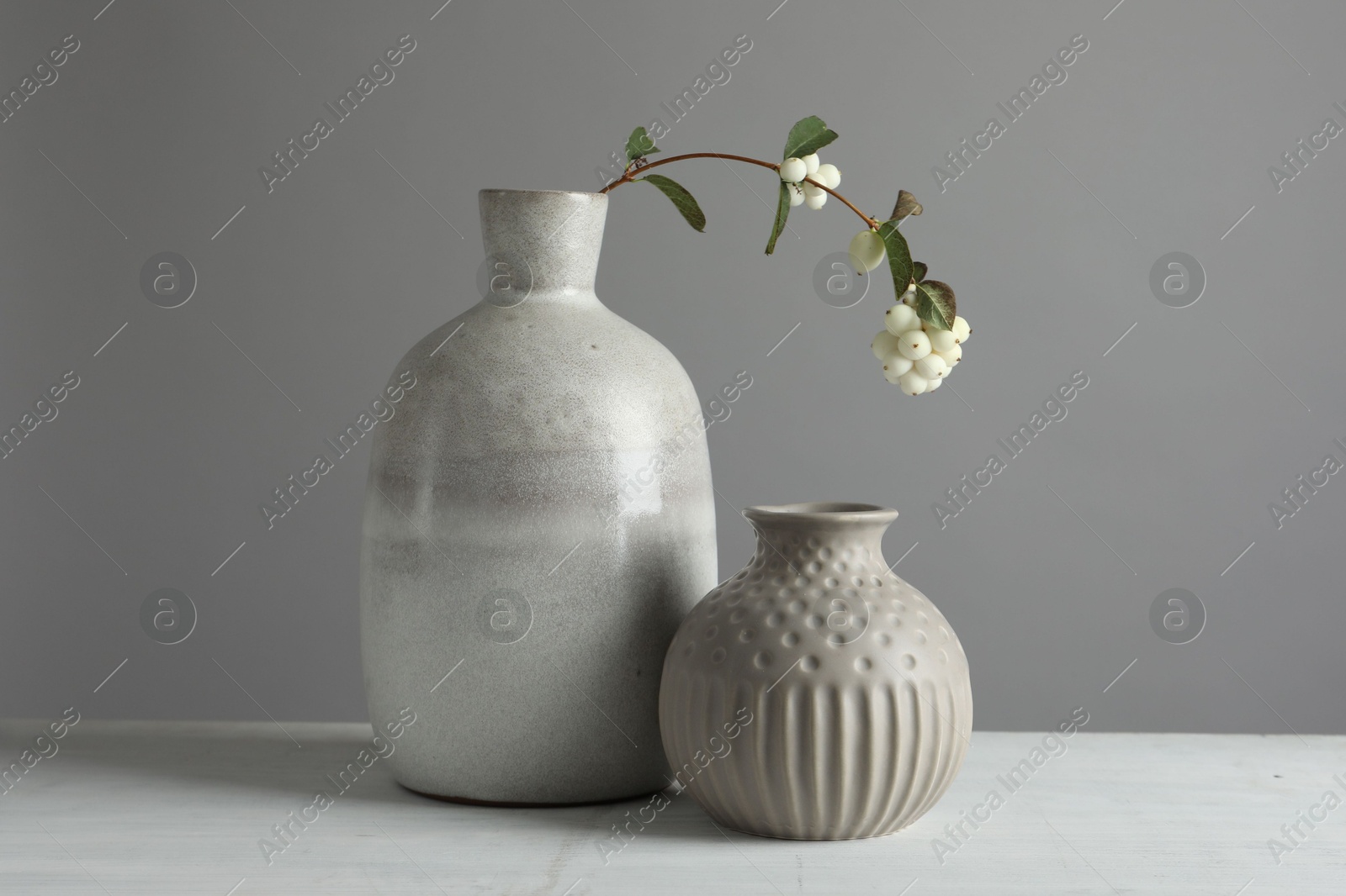 Photo of Stylish vases and snowberry branch on white table