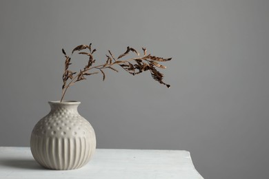 Stylish vase with dry branch on white table. Space for text