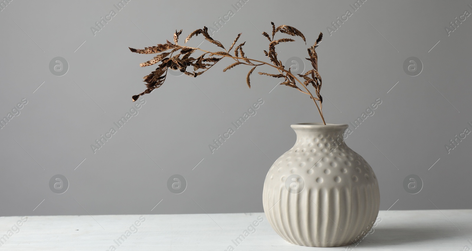 Photo of Stylish vase with dry branch on white table